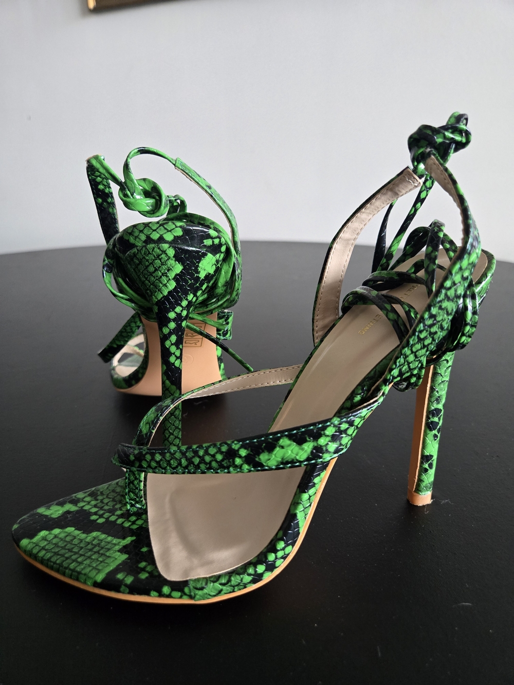 PrettyLittleThing Green Snakeskin Lace Up Heels Size 6